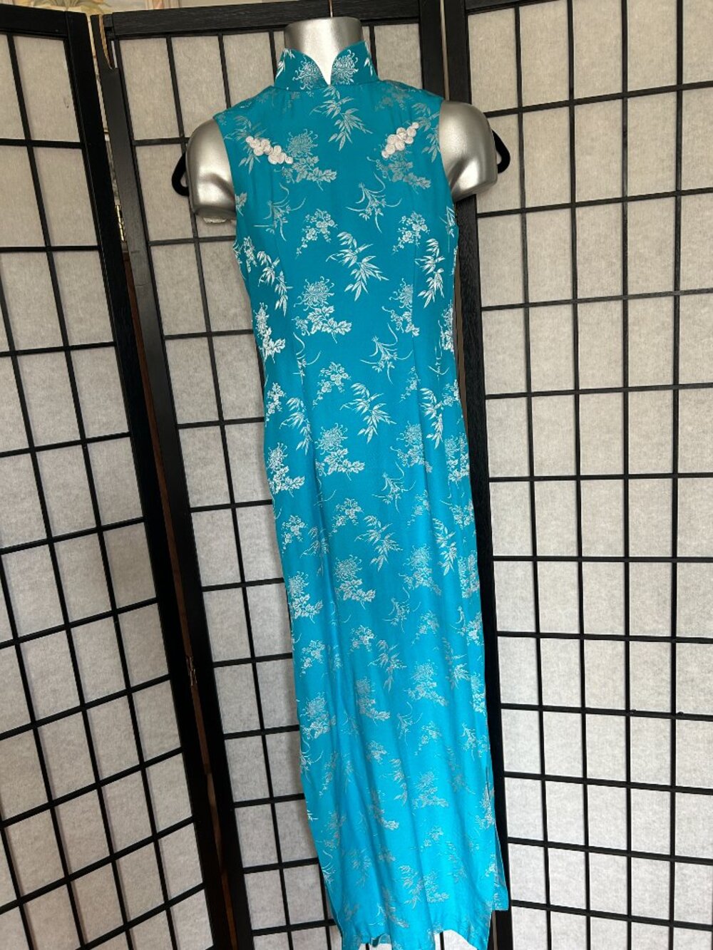 Y2K Floral Cheongsam Dress (XS) blue vintage maxi white glam evening party chic - Picture 5 of 8